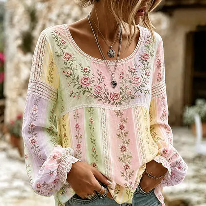 Women's Pastel Floral Lace Print Blouse