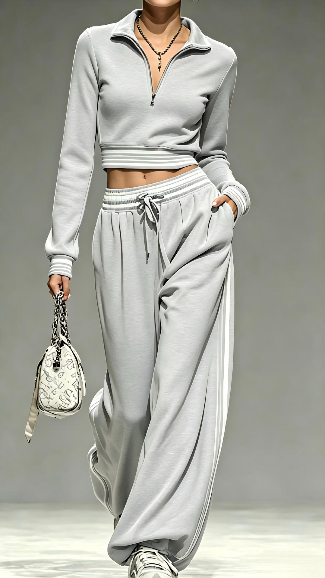 2‑Piece Half‑Zip Cropped Tracksuit Set | Striped Rib Trim Pullover & Drawstring Wide Leg Sweatpants Sporty Outfit