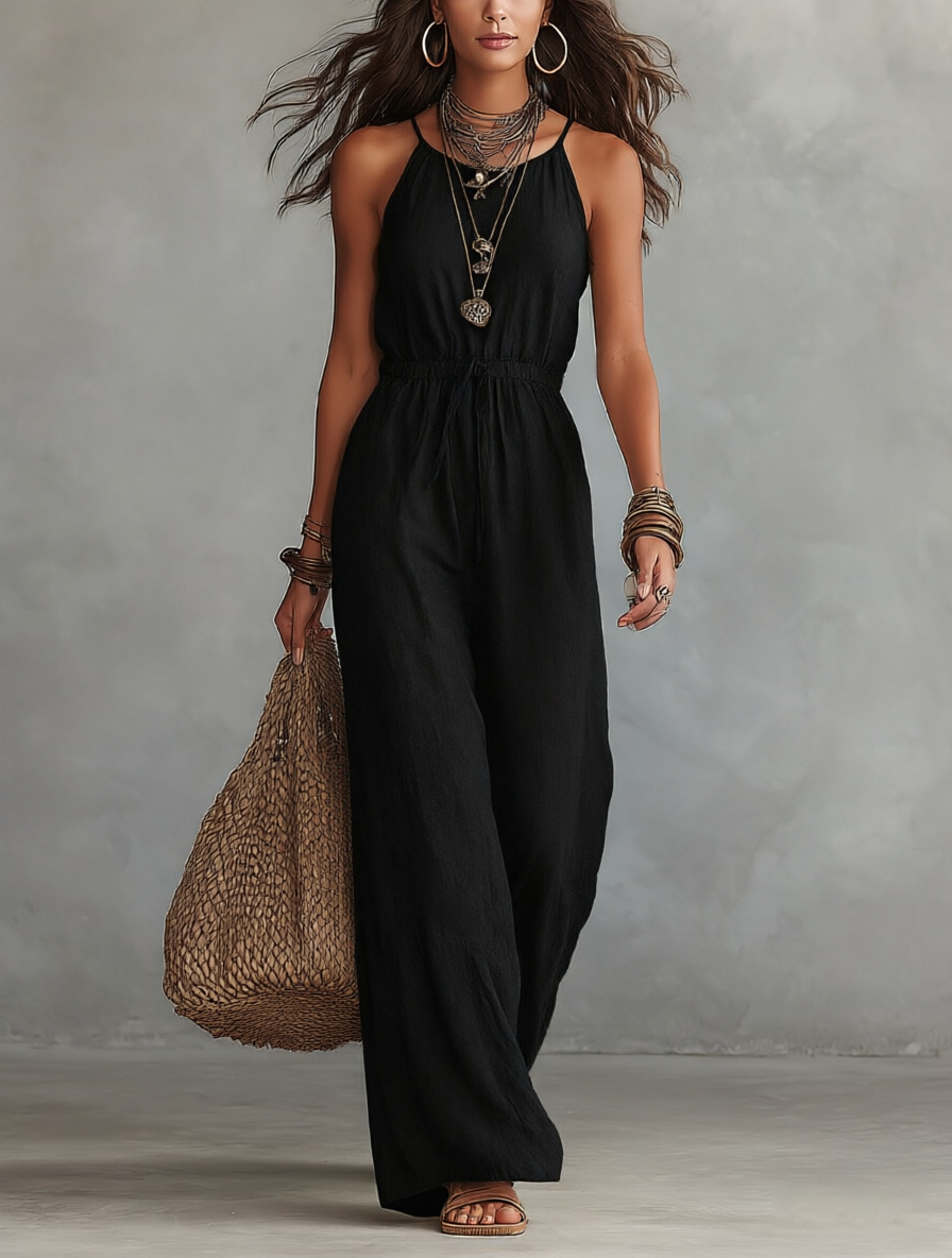 Taupe Spaghetti-Strap Drawstring Waist Wide-Leg Jumpsuit