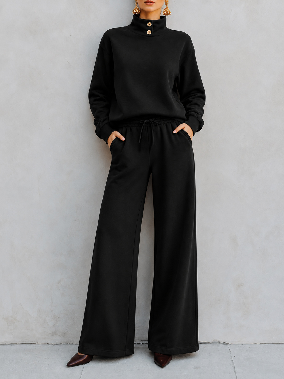 Button‑Detail Mock Neck Sweatshirt & Drawstring Wide‑Leg Two‑Piece Loungewear Set