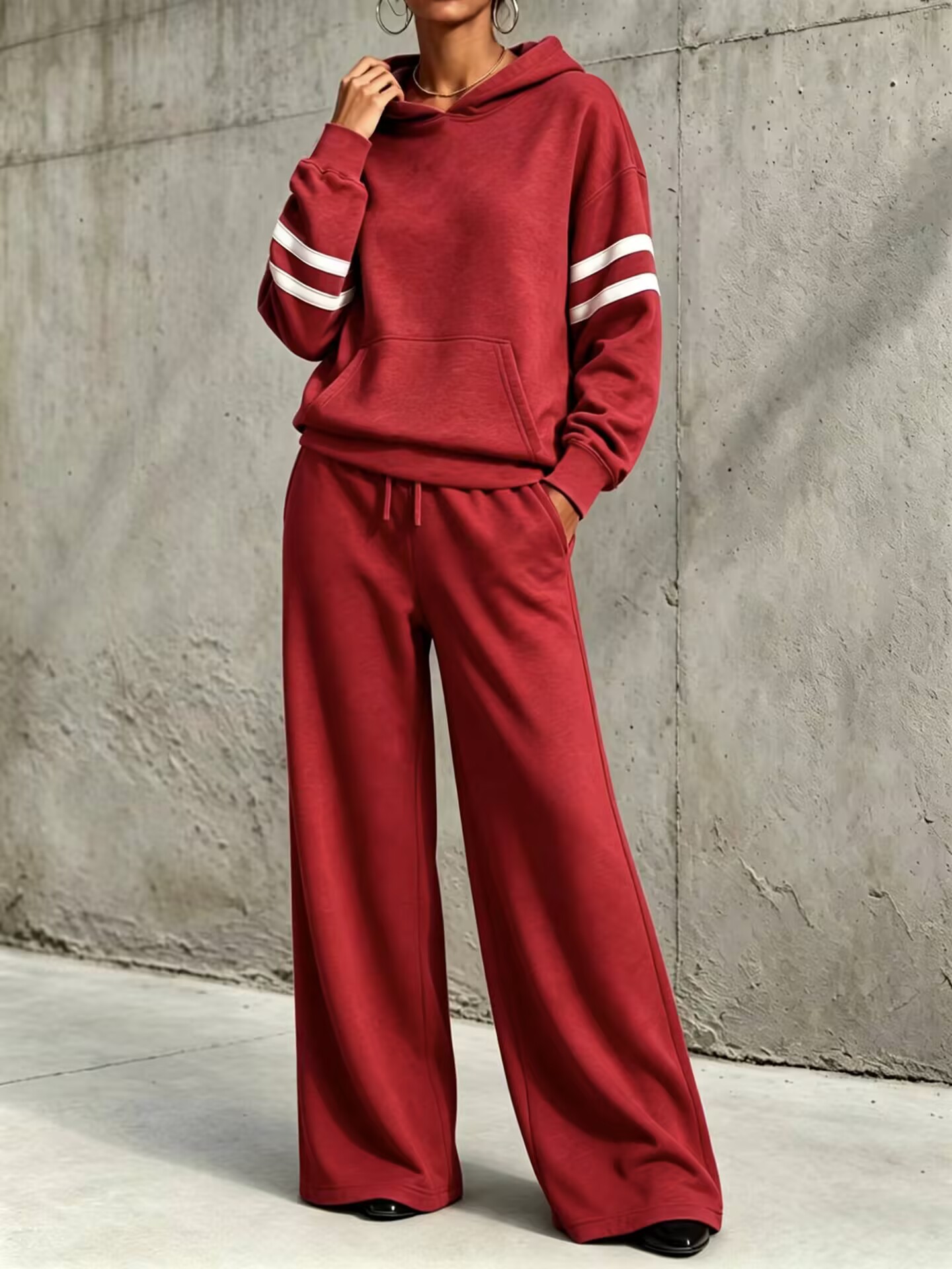 Striped‑Sleeve Hooded Wide‑Leg Tracksuit Two‑Piece Set