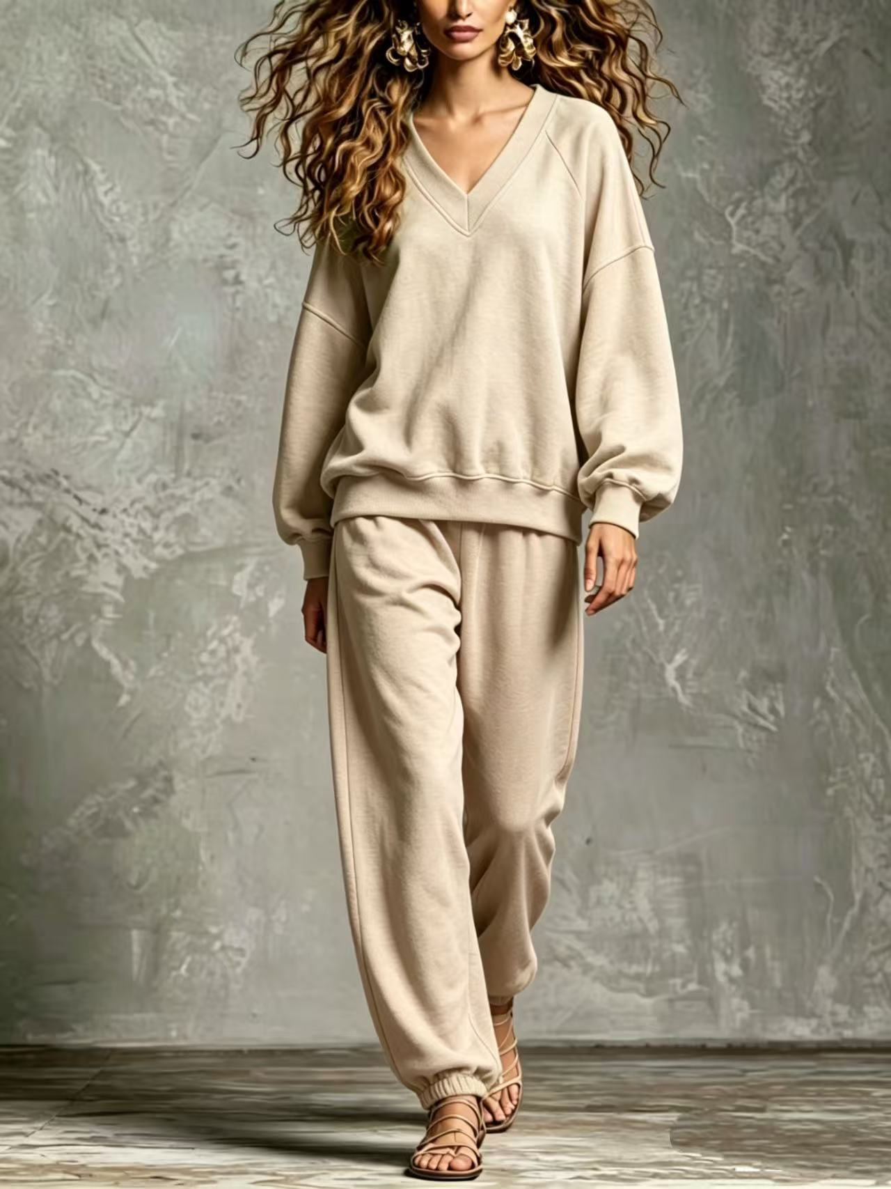 V‑Neck Raglan Sleeve Sweatshirt & Jogger Two‑Piece Loungewear Set