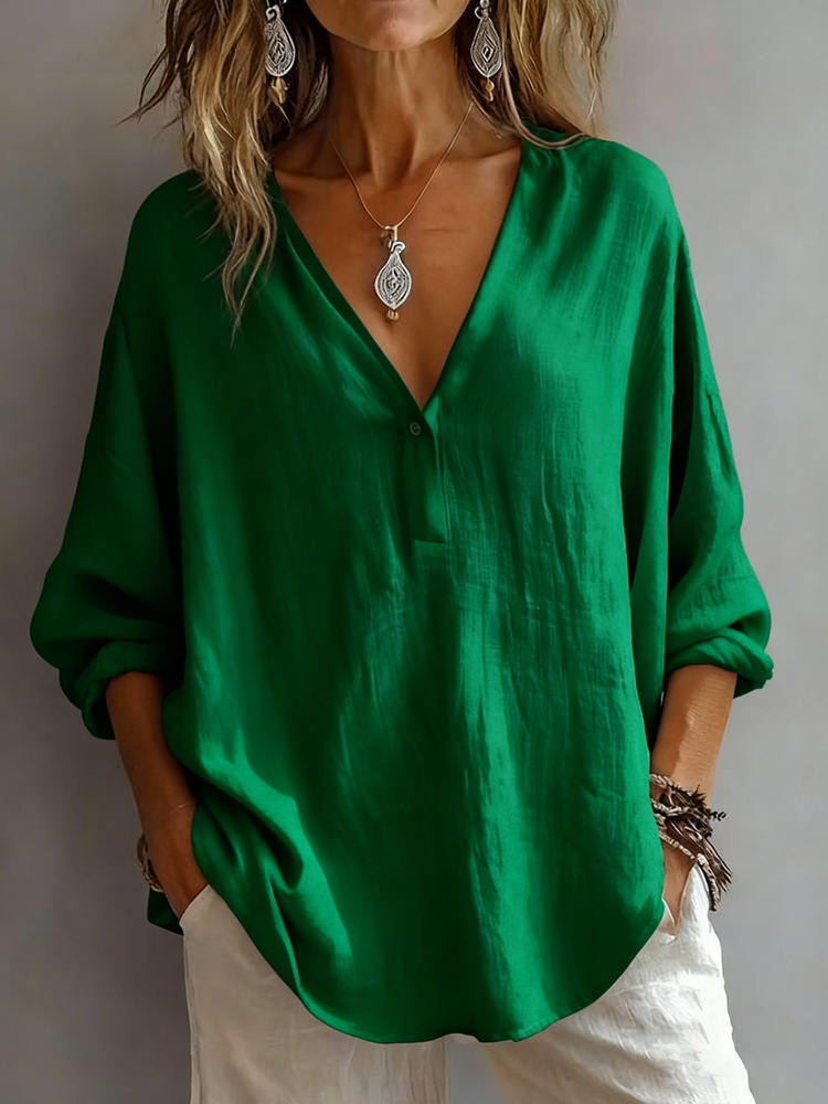 Oversized Crinkled V-Neck Half Button Blouse