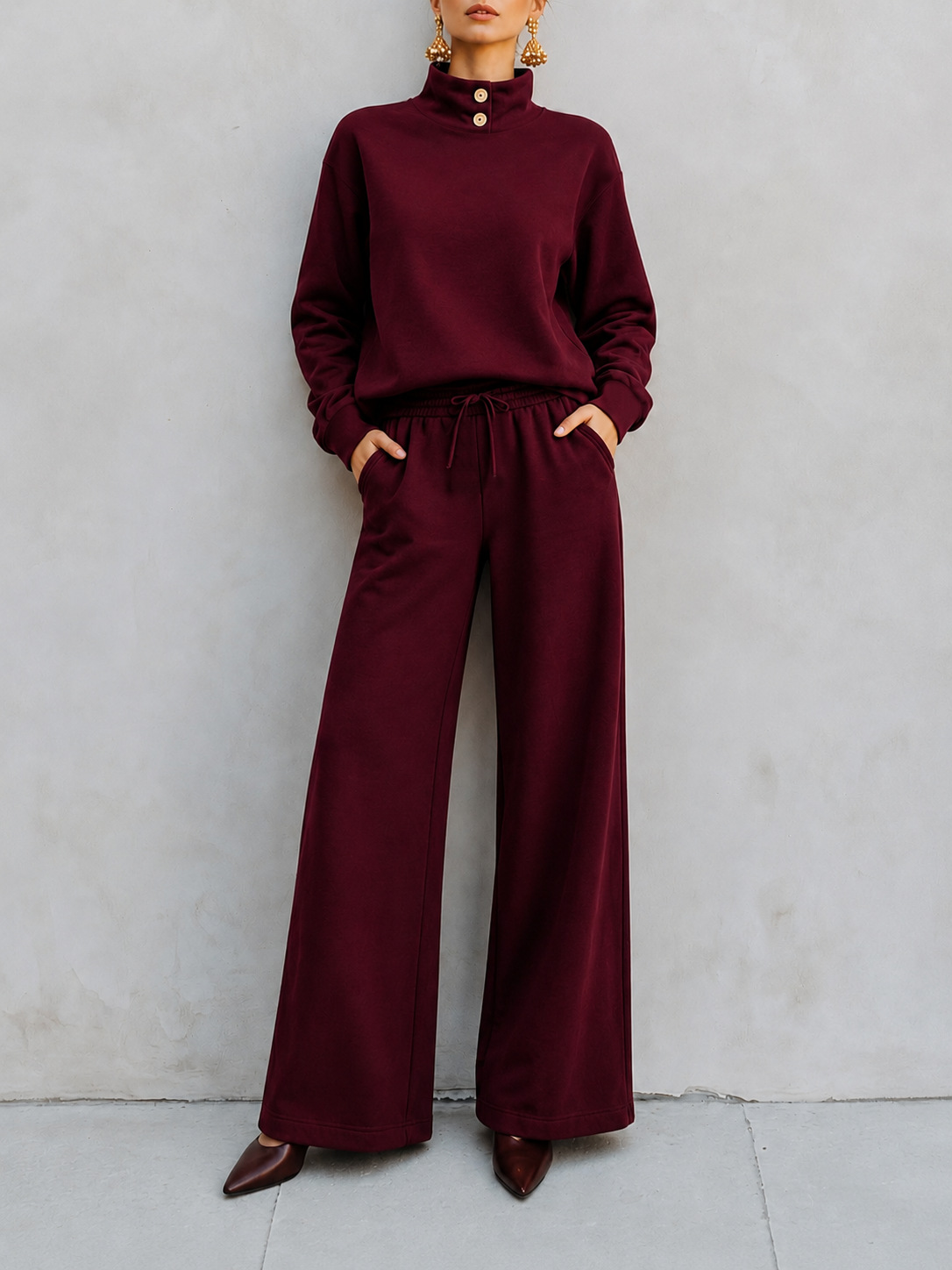 Button‑Detail Mock Neck Sweatshirt & Drawstring Wide‑Leg Two‑Piece Loungewear Set