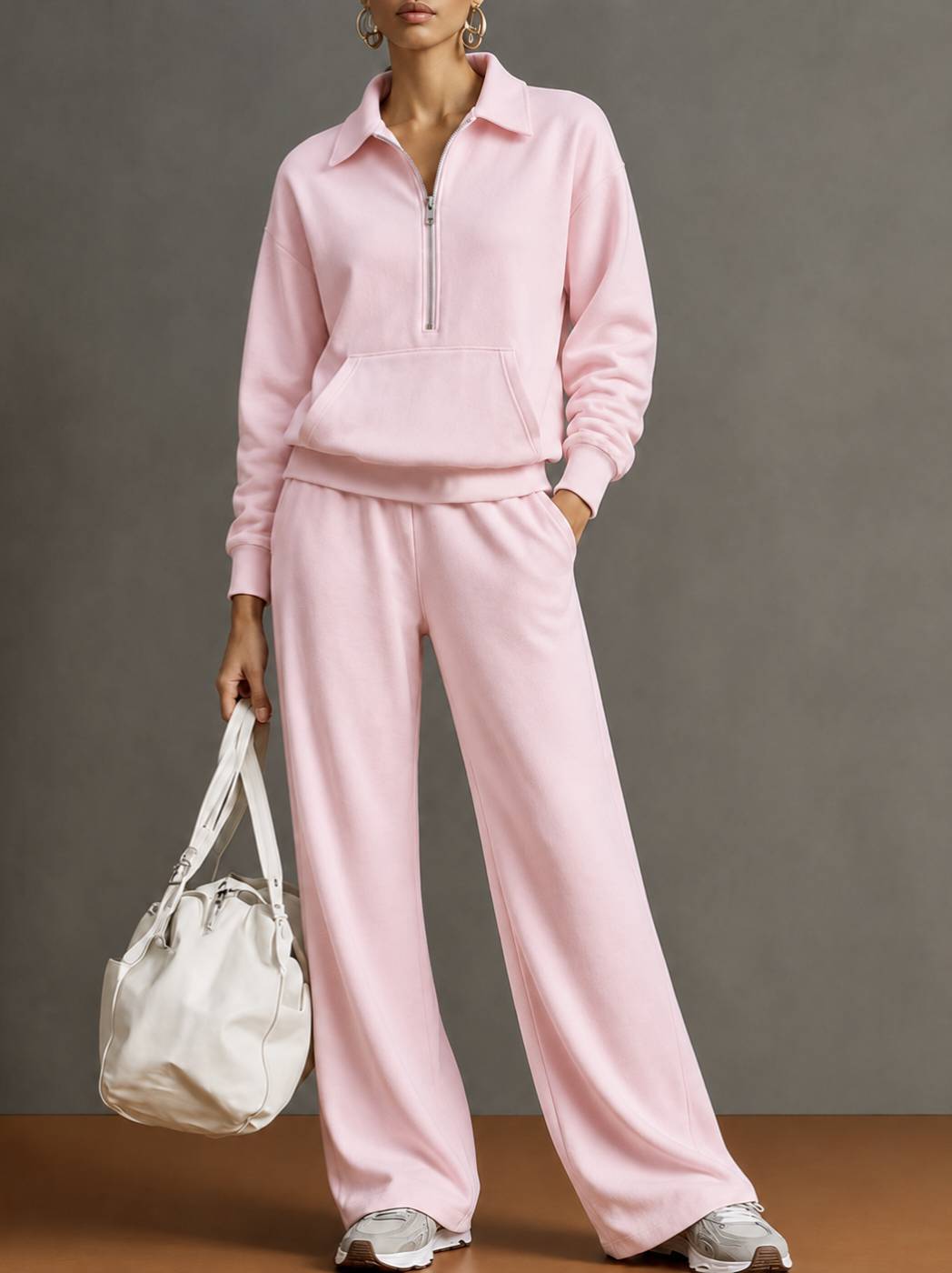 Polo Collar Half‑Zip Sweatshirt with Kangaroo Pocket & Drawstring Wide‑Leg Two‑Piece Loungewear Set