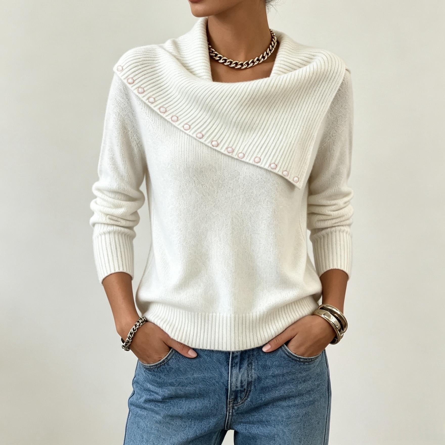 Pearl Decor Asymmetric Wrap Cowl Neck Knit Sweater