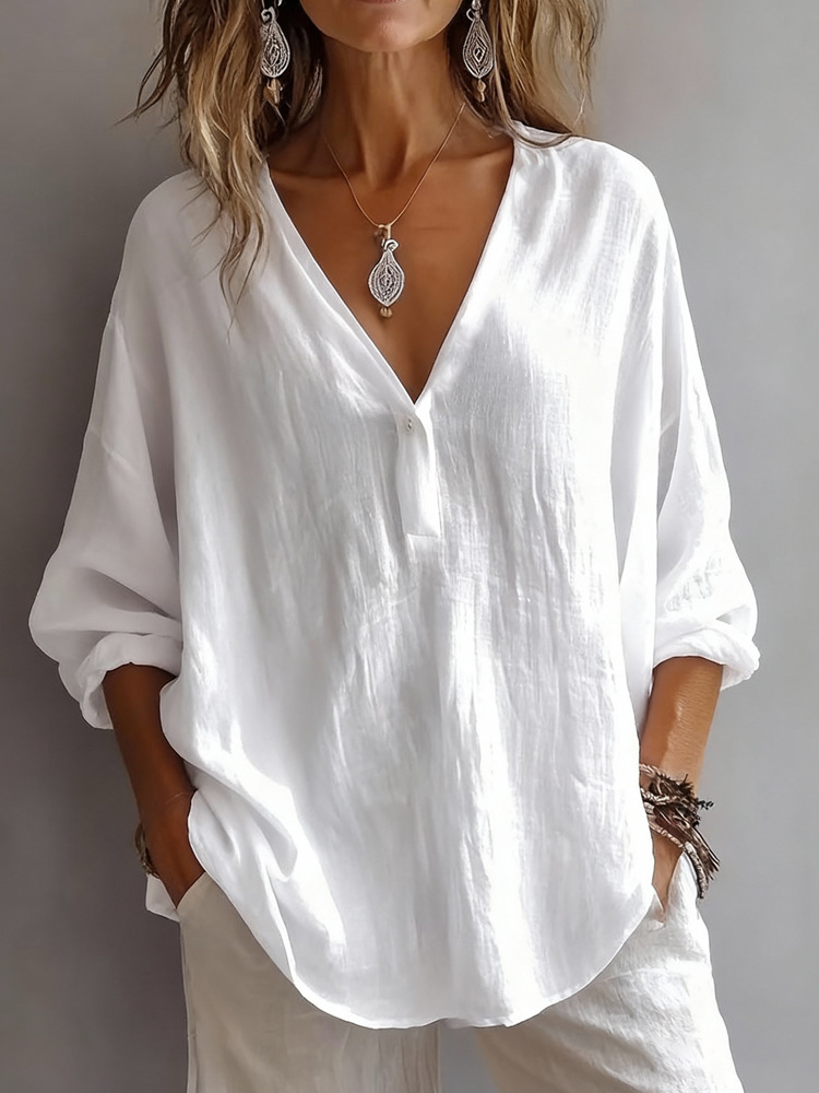 Oversized Crinkled V-Neck Half Button Blouse
