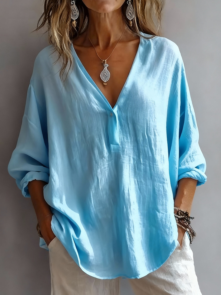 Oversized Crinkled V-Neck Half Button Blouse