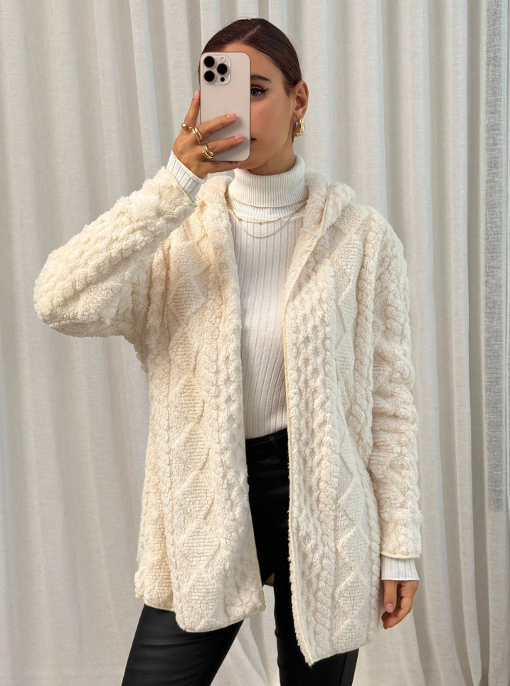 🔥 Textured Fuzzy Hooded Open Front Cardigan