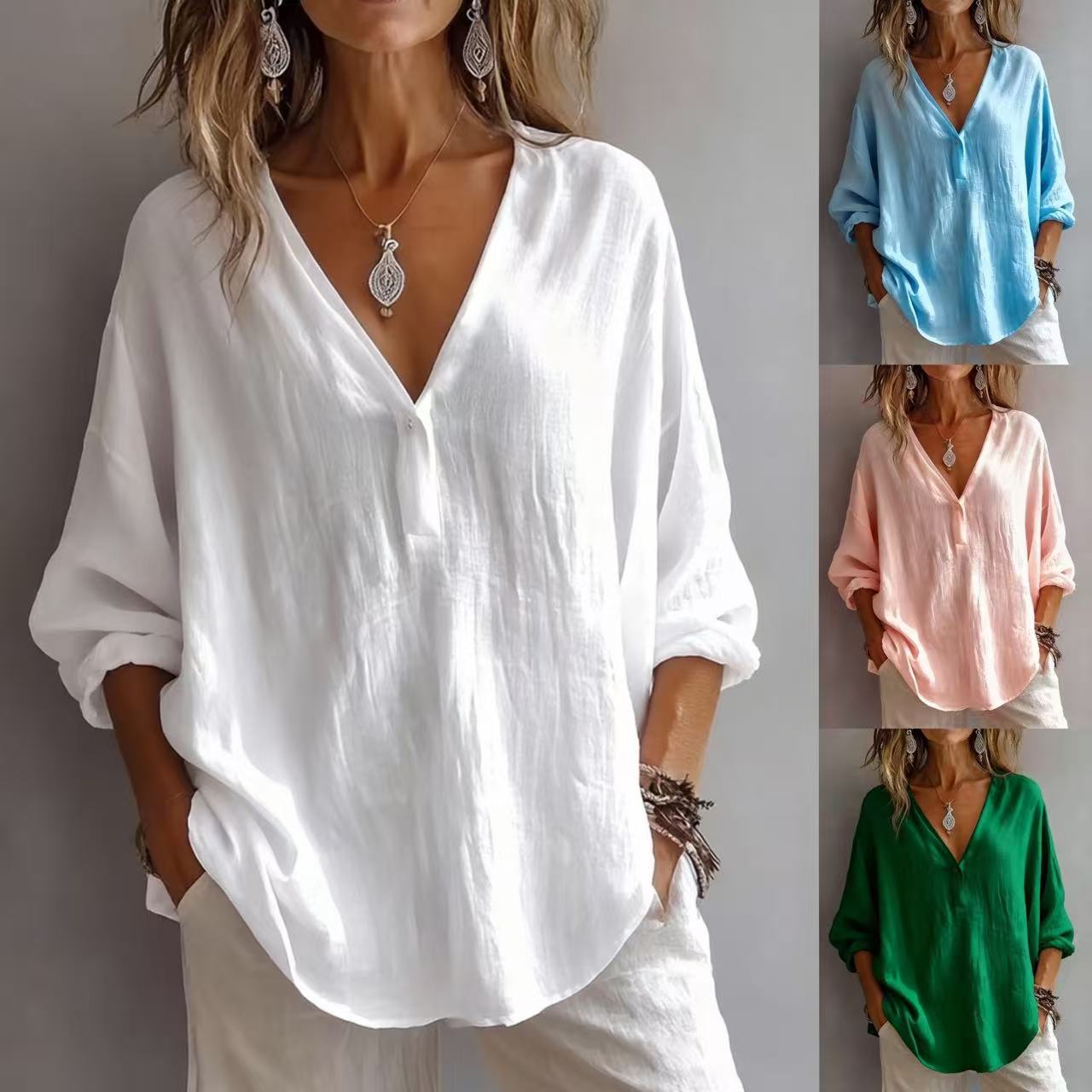 Oversized Crinkled V-Neck Half Button Blouse