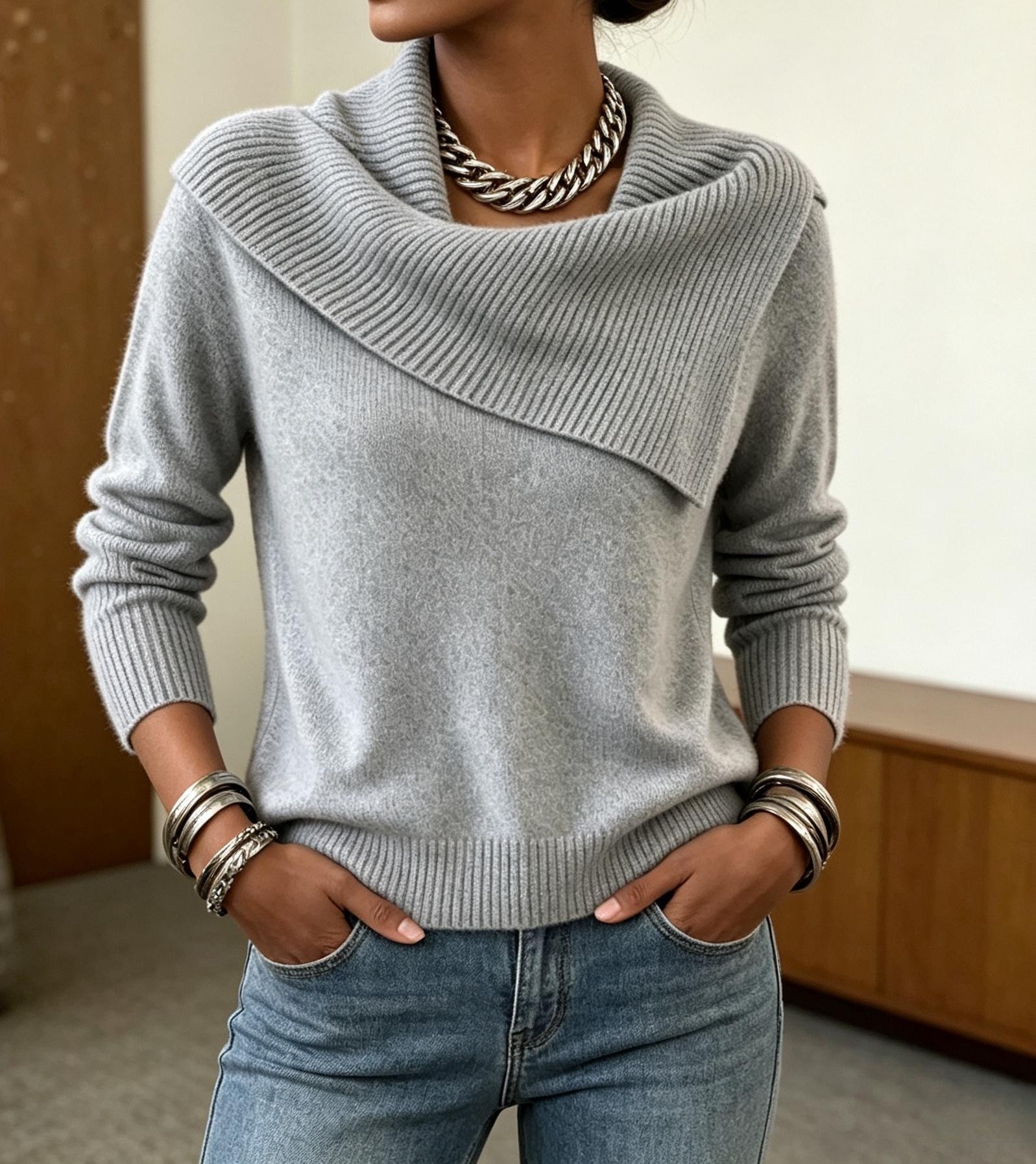 Pearl Decor Asymmetric Wrap Cowl Neck Knit Sweater