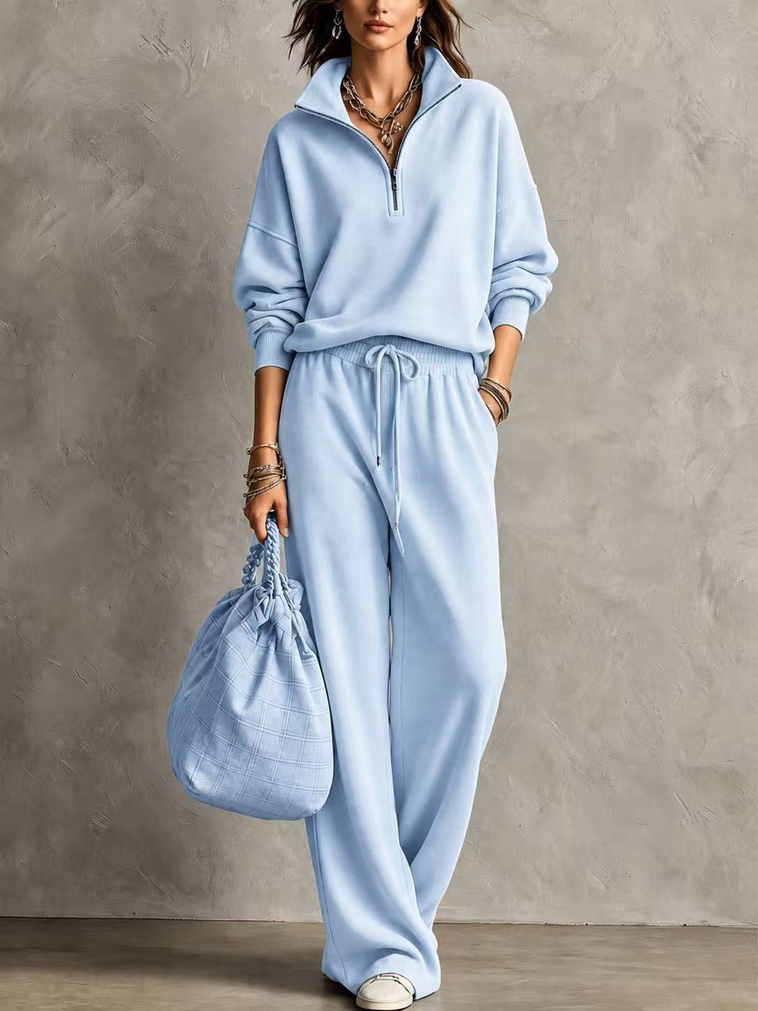 Half‑Zip Collar Sweatshirt & Drawstring Wide‑Leg Two‑Piece Loungewear Set