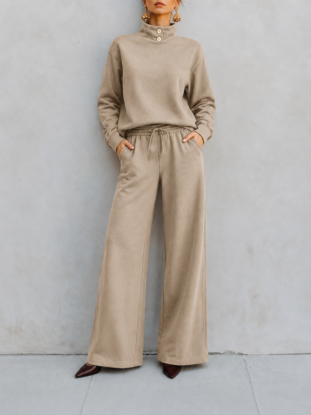Button‑Detail Mock Neck Sweatshirt & Drawstring Wide‑Leg Two‑Piece Loungewear Set