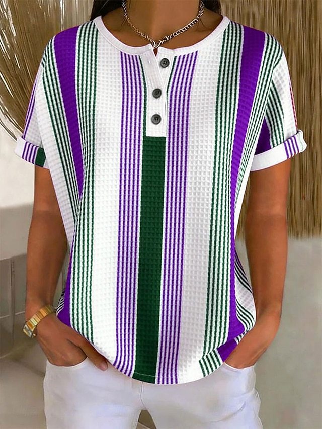 Waffle Knit Colorful Striped Henley Neck Rolled Short Sleeve Top