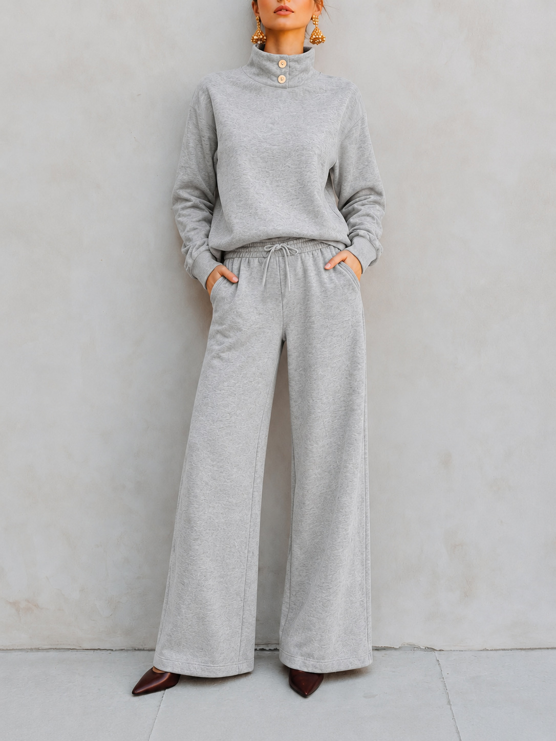 Button‑Detail Mock Neck Sweatshirt & Drawstring Wide‑Leg Two‑Piece Loungewear Set