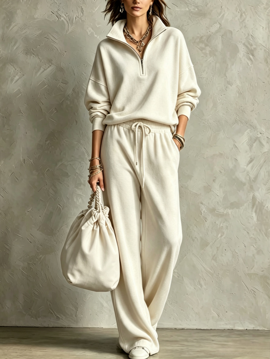 Half‑Zip Collar Sweatshirt & Drawstring Wide‑Leg Two‑Piece Loungewear Set