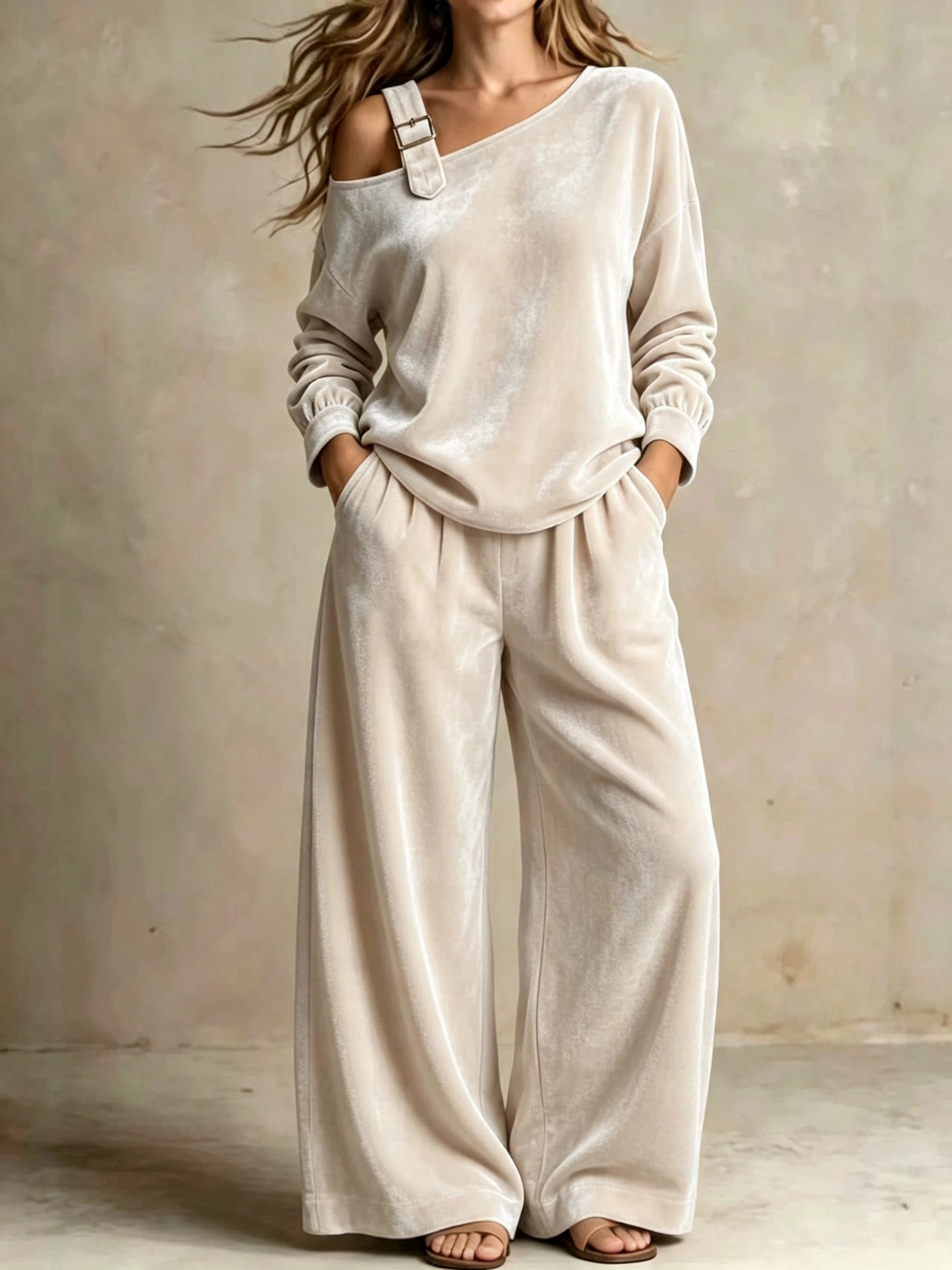 Buckle‑Strap Cold‑Shoulder Velour Two‑Piece Loungewear Set