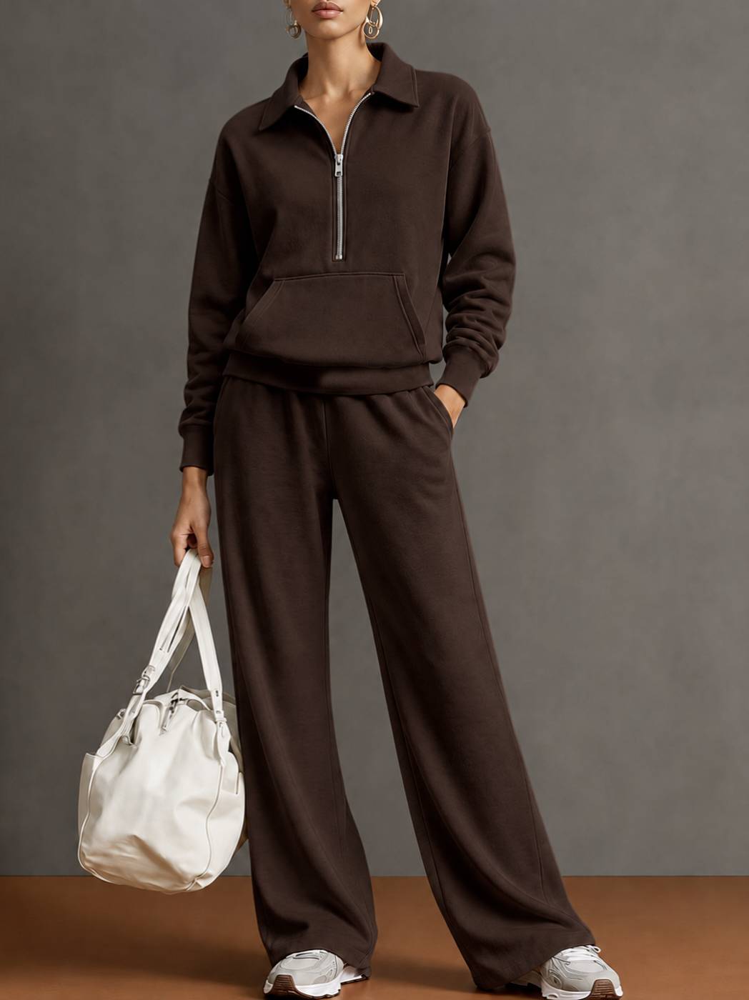 Polo Collar Half‑Zip Sweatshirt with Kangaroo Pocket & Drawstring Wide‑Leg Two‑Piece Loungewear Set