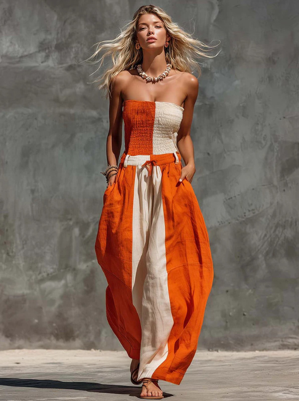 Orange & Beige Color-Block Strapless Linen-Blend Maxi Jumpsuit