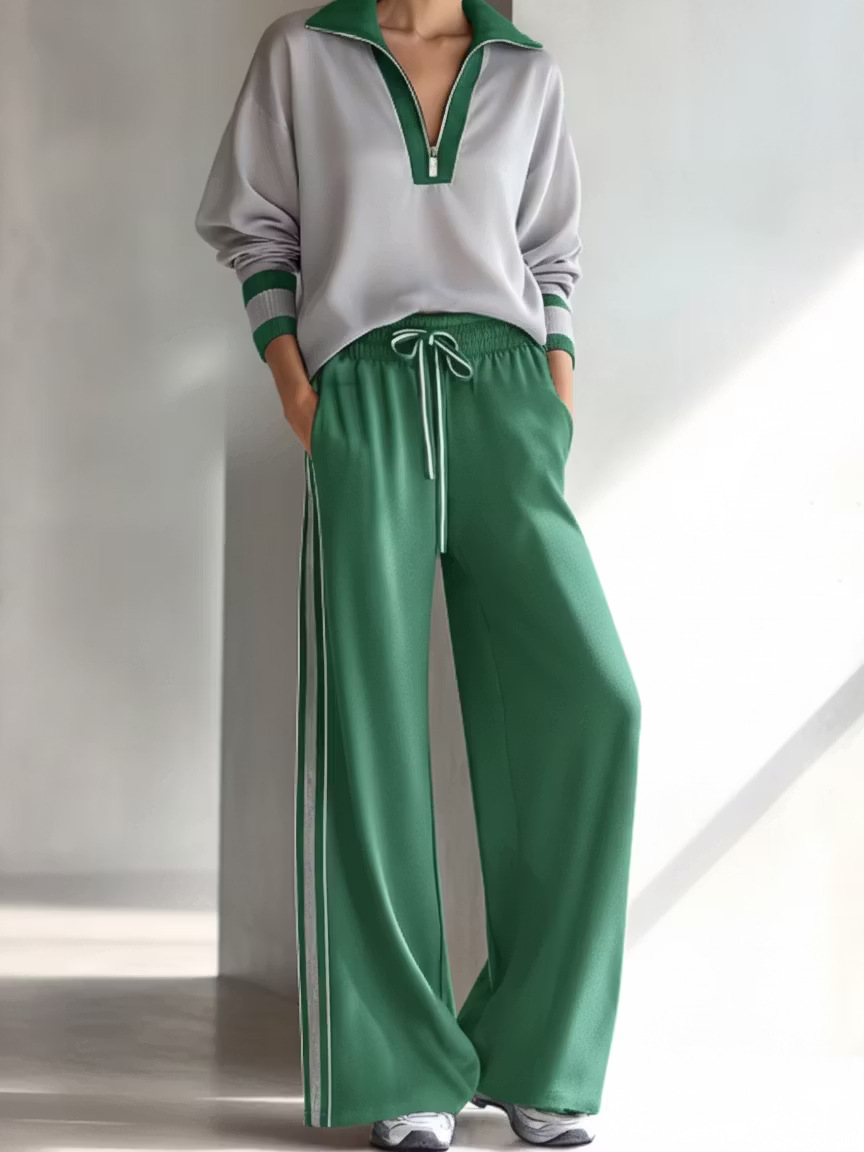 2‑Piece Half‑Zip Collared Co‑Ord Set | Long Sleeve Pullover & Drawstring Wide Leg Track Pants Casual Sport Outfit