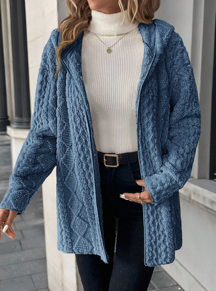 🔥 Textured Fuzzy Hooded Open Front Cardigan