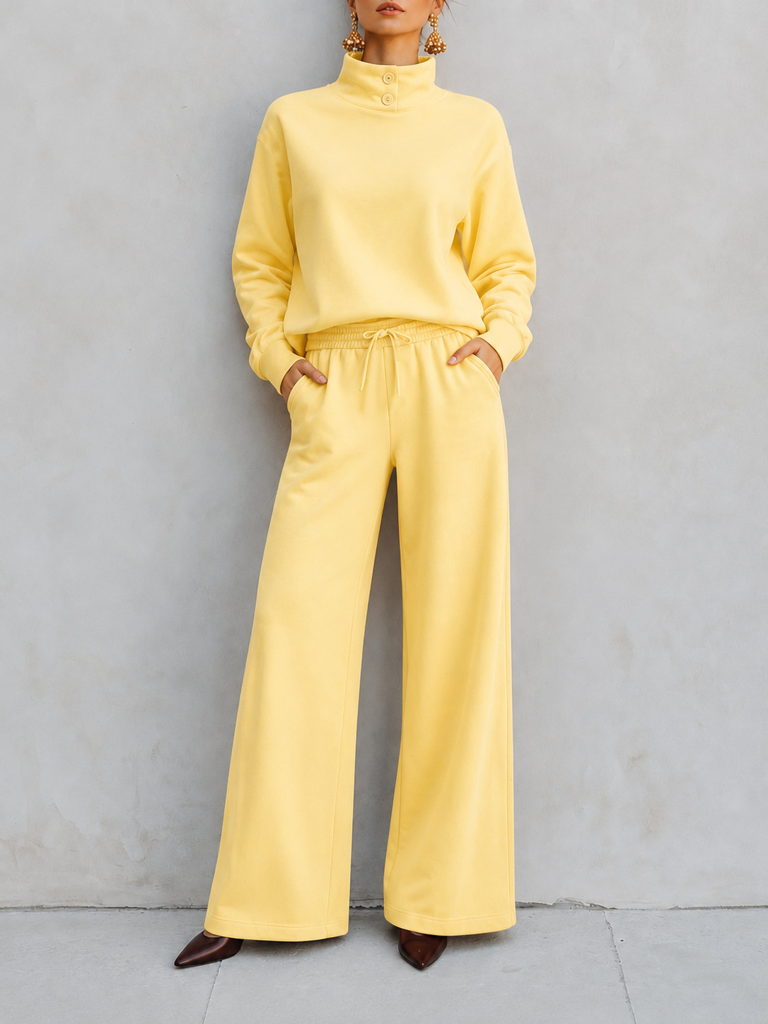 Button‑Detail Mock Neck Sweatshirt & Drawstring Wide‑Leg Two‑Piece Loungewear Set