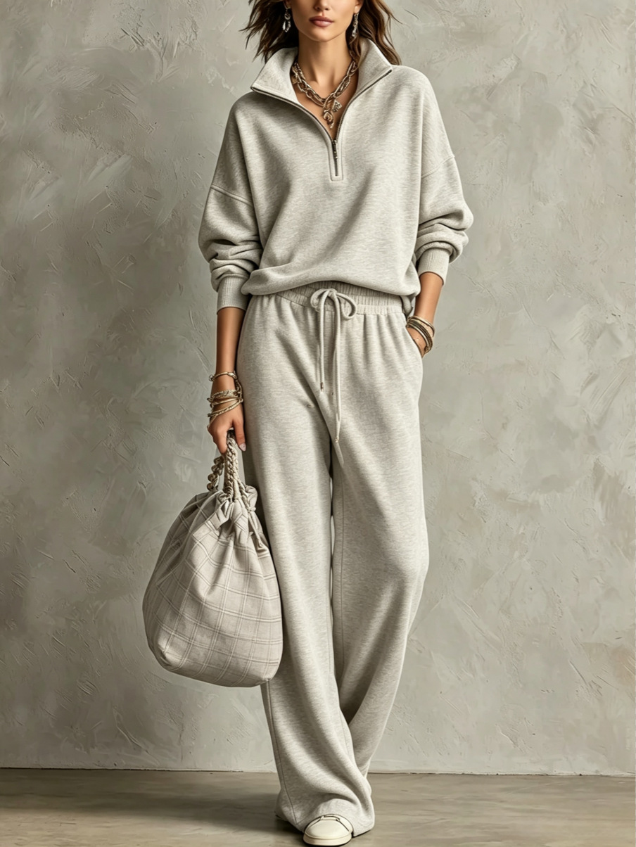 Half‑Zip Collar Sweatshirt & Drawstring Wide‑Leg Two‑Piece Loungewear Set