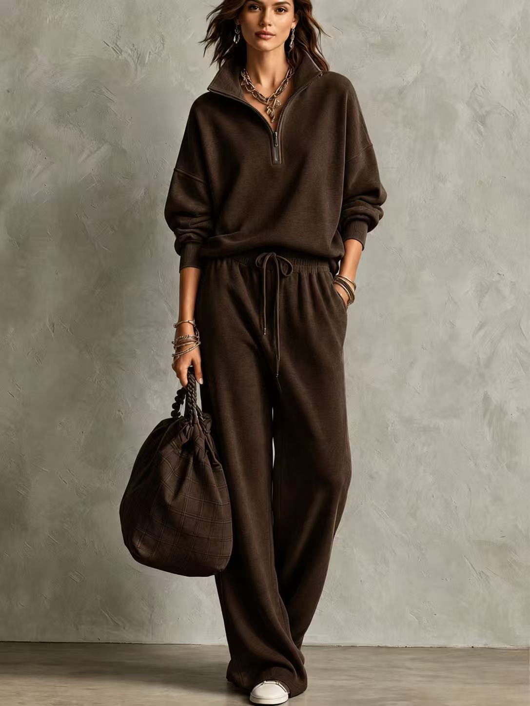 Half‑Zip Collar Sweatshirt & Drawstring Wide‑Leg Two‑Piece Loungewear Set