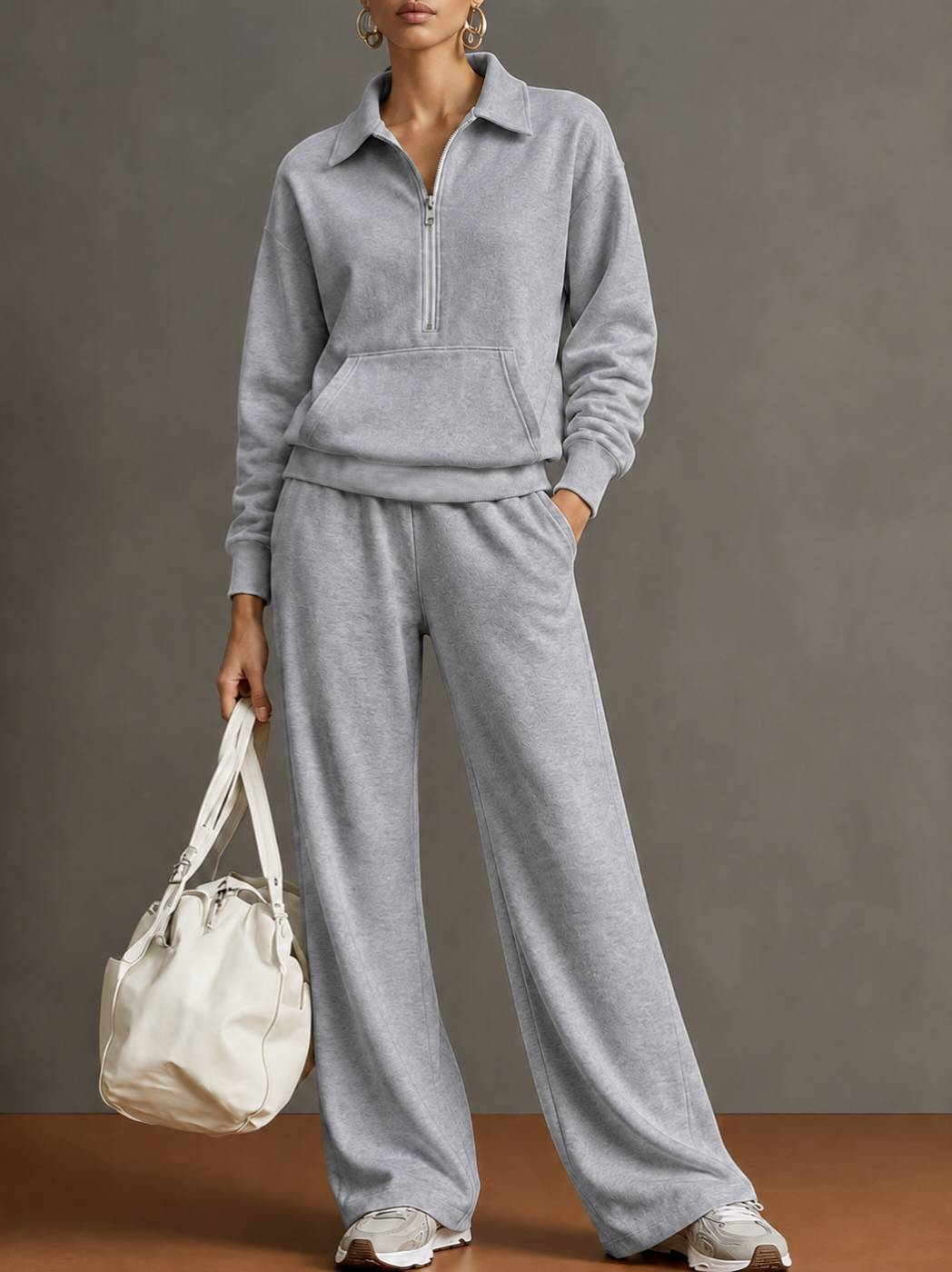 Polo Collar Half‑Zip Sweatshirt with Kangaroo Pocket & Drawstring Wide‑Leg Two‑Piece Loungewear Set