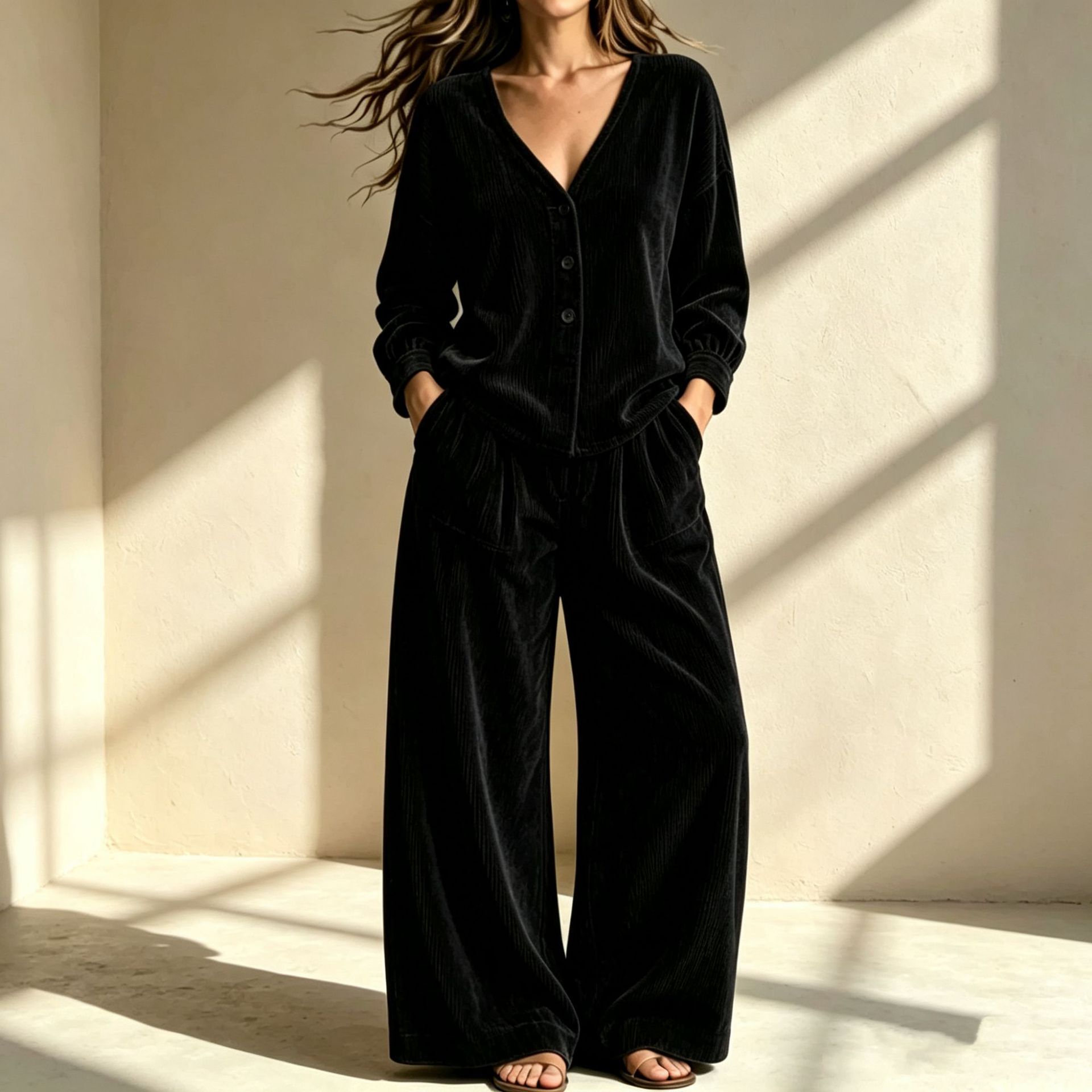 Button‑Front V‑Neck Corduroy Wide‑Leg Two‑Piece Outfit Set