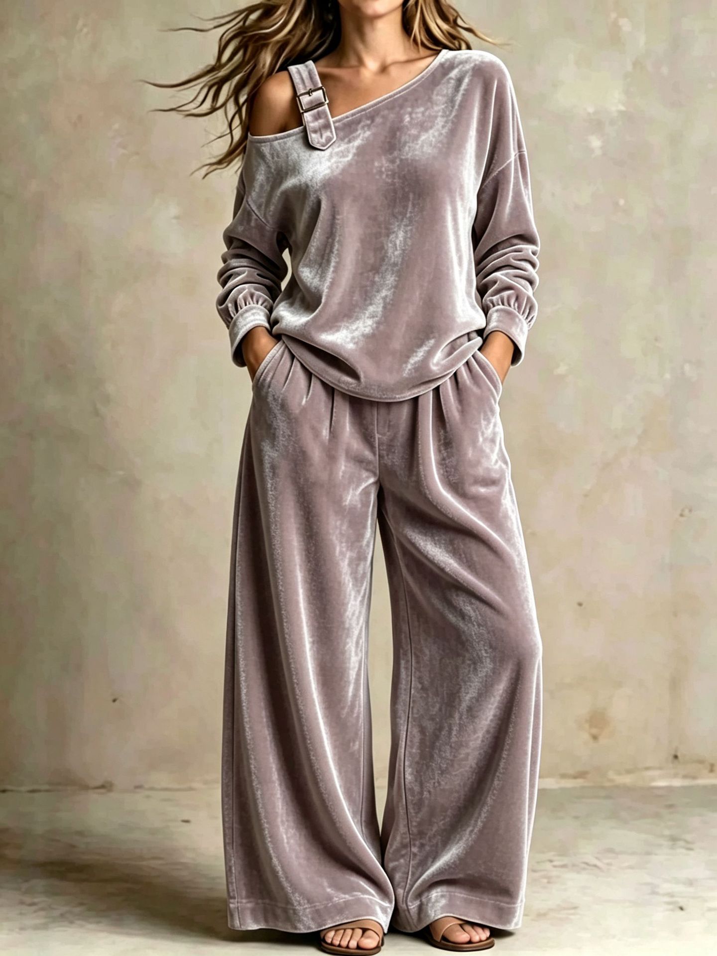 Buckle‑Strap Cold‑Shoulder Velour Two‑Piece Loungewear Set