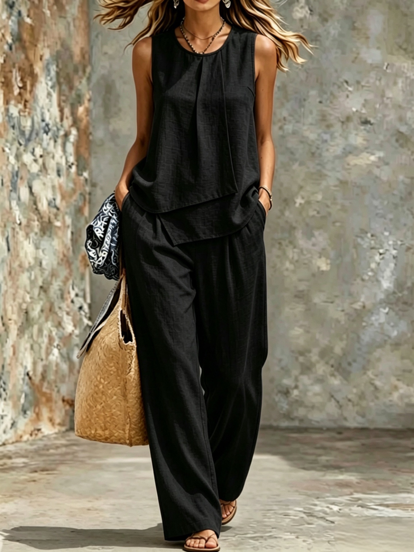 Asymmetric Layered Sleeveless Top & Wide-Leg Pants Set