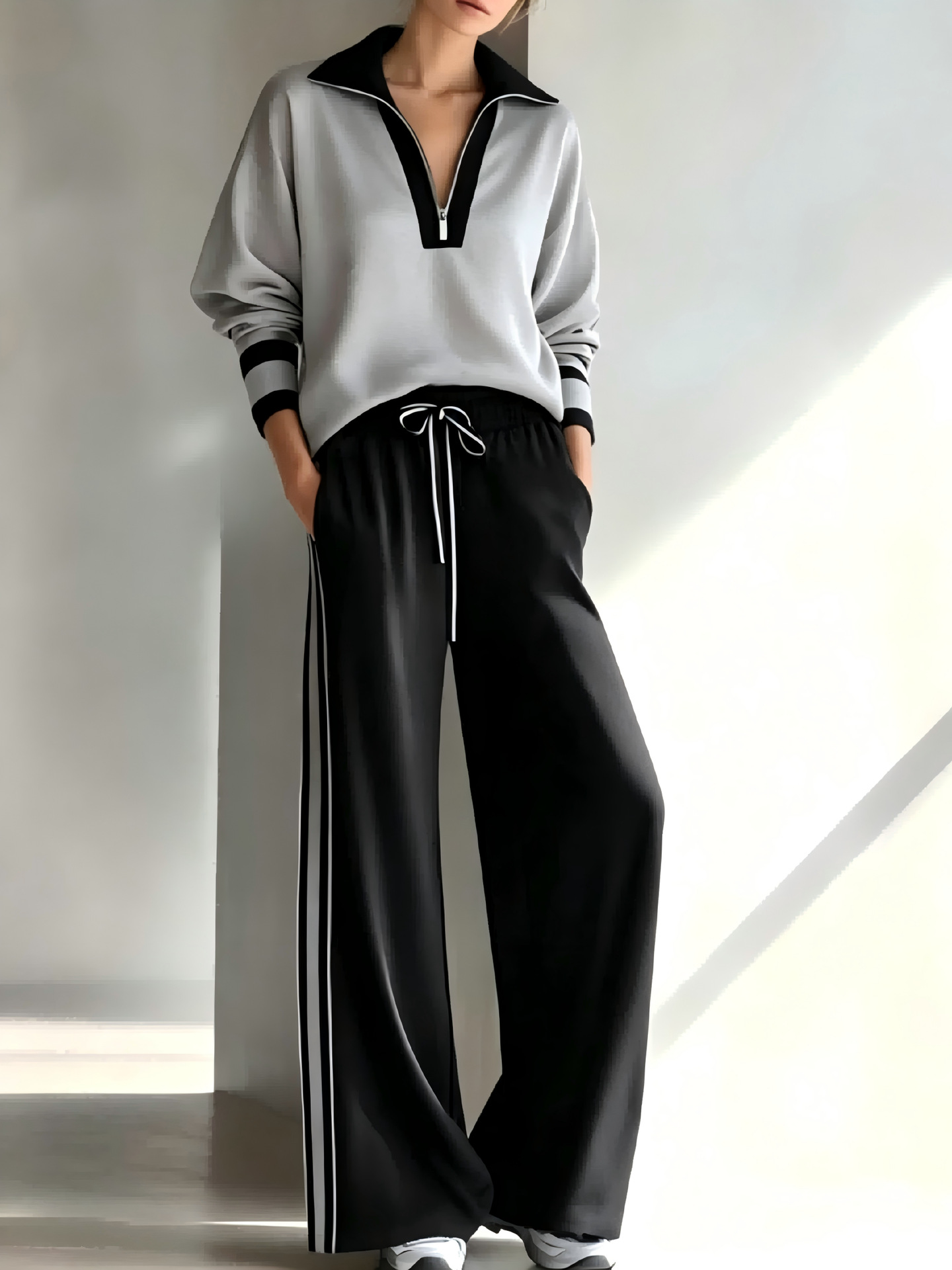 2‑Piece Half‑Zip Collared Co‑Ord Set | Long Sleeve Pullover & Drawstring Wide Leg Track Pants Casual Sport Outfit
