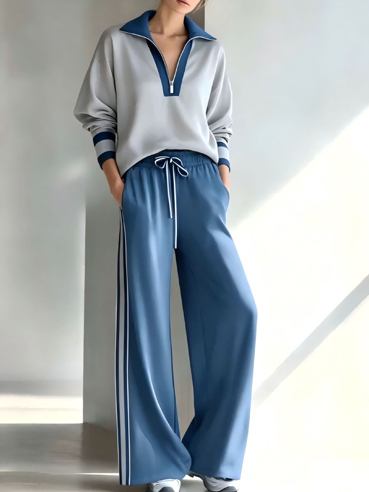 2‑Piece Half‑Zip Collared Co‑Ord Set | Long Sleeve Pullover & Drawstring Wide Leg Track Pants Casual Sport Outfit