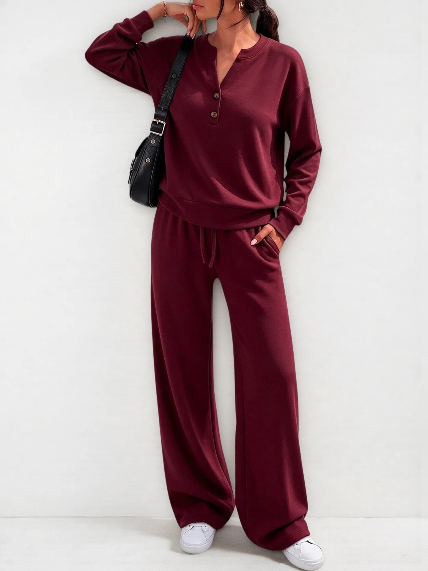Henley Button‑Notch Sweatshirt & Drawstring Wide‑Leg Two‑Piece Loungewear Set