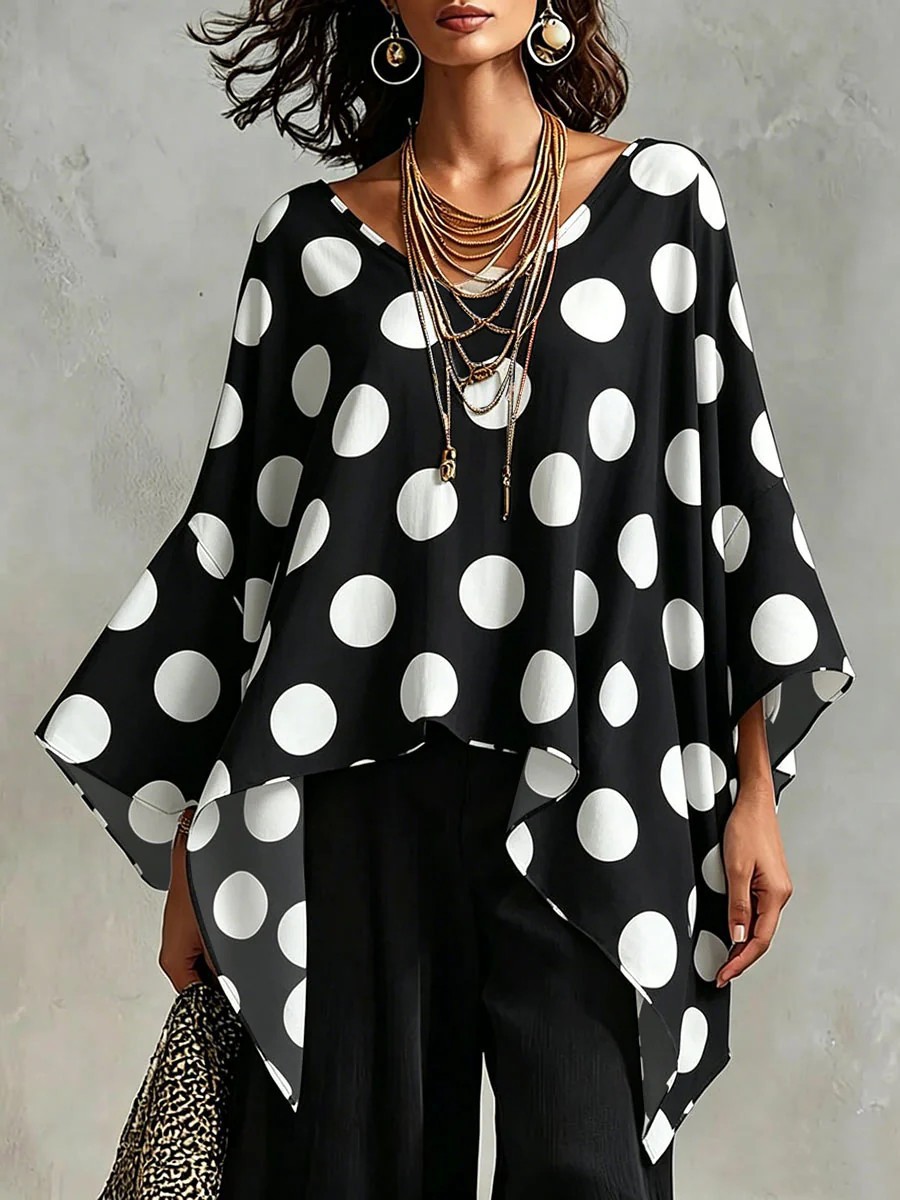 Women's Polka Dot & Geometric Print V-neck 3/4-sleeve Casual Loose Cotton-linen Top