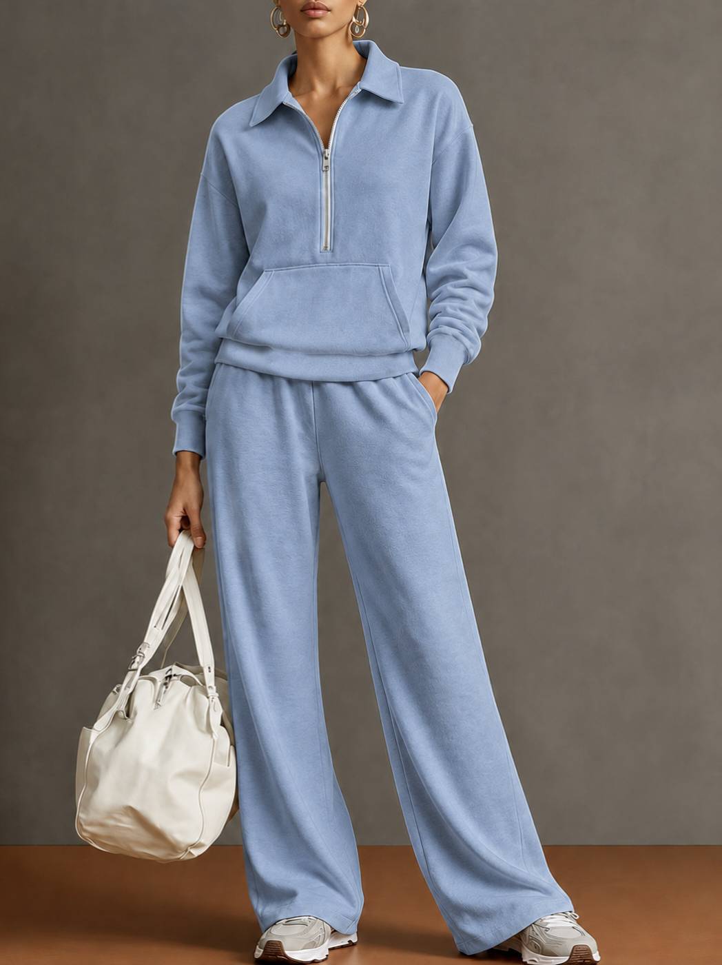 Polo Collar Half‑Zip Sweatshirt with Kangaroo Pocket & Drawstring Wide‑Leg Two‑Piece Loungewear Set