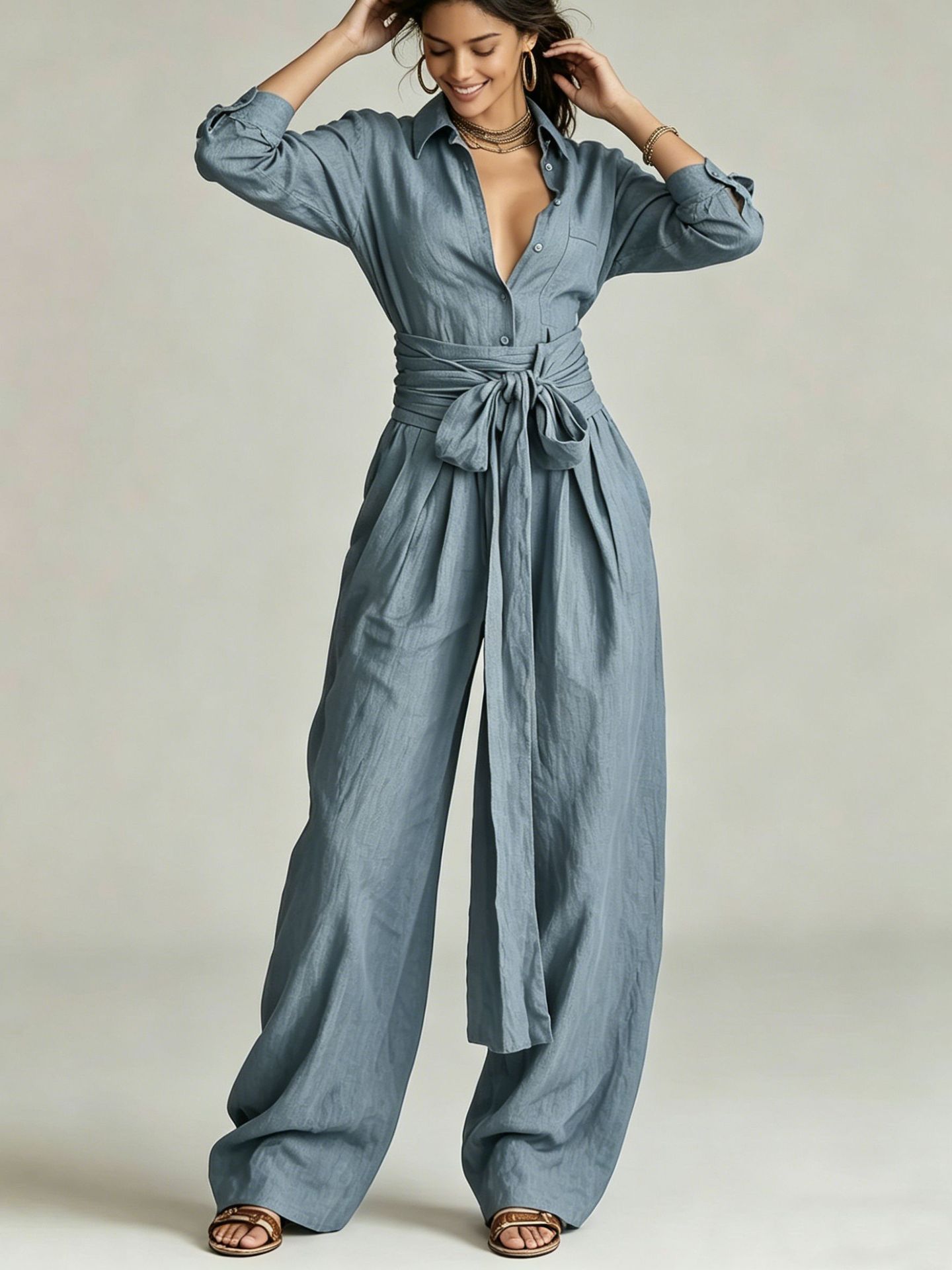 Women's  Cotton-Linen Shirt & Wide-Leg Pants Set with Belt