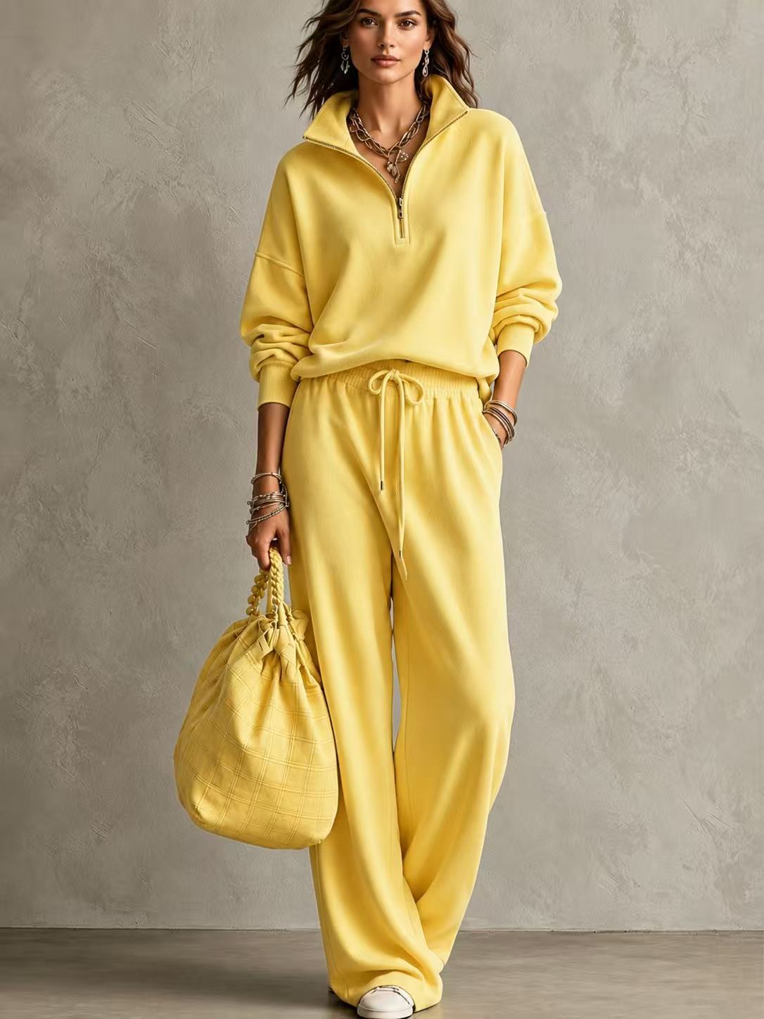 Half‑Zip Collar Sweatshirt & Drawstring Wide‑Leg Two‑Piece Loungewear Set
