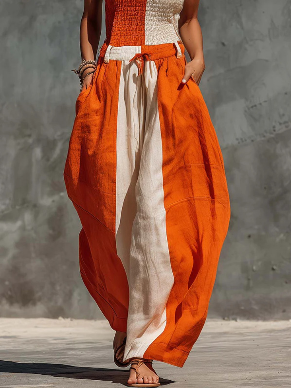 Orange & Beige Color-Block Strapless Linen-Blend Maxi Jumpsuit