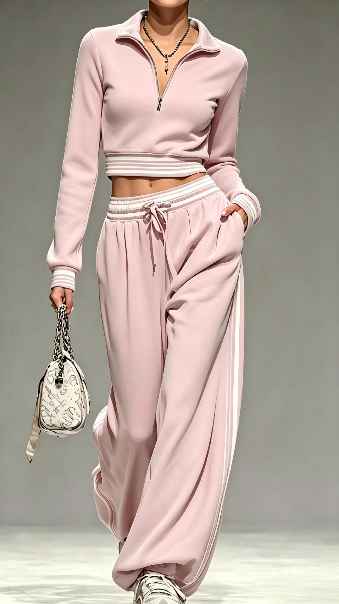 2‑Piece Half‑Zip Cropped Tracksuit Set | Striped Rib Trim Pullover & Drawstring Wide Leg Sweatpants Sporty Outfit