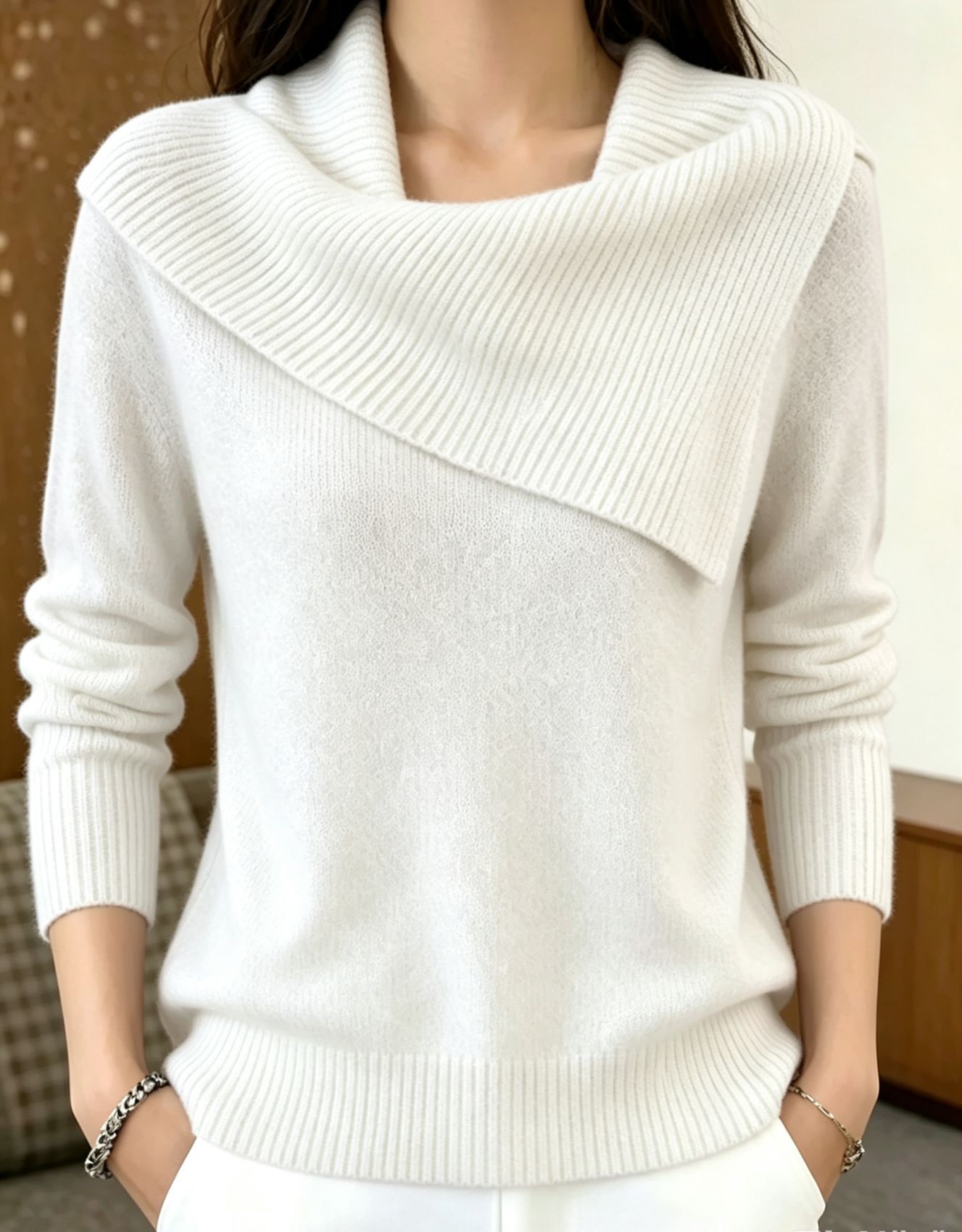 Pearl Decor Asymmetric Wrap Cowl Neck Knit Sweater