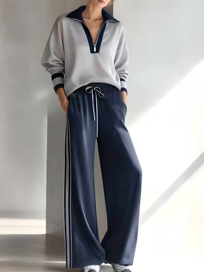 2‑Piece Half‑Zip Collared Co‑Ord Set | Long Sleeve Pullover & Drawstring Wide Leg Track Pants Casual Sport Outfit