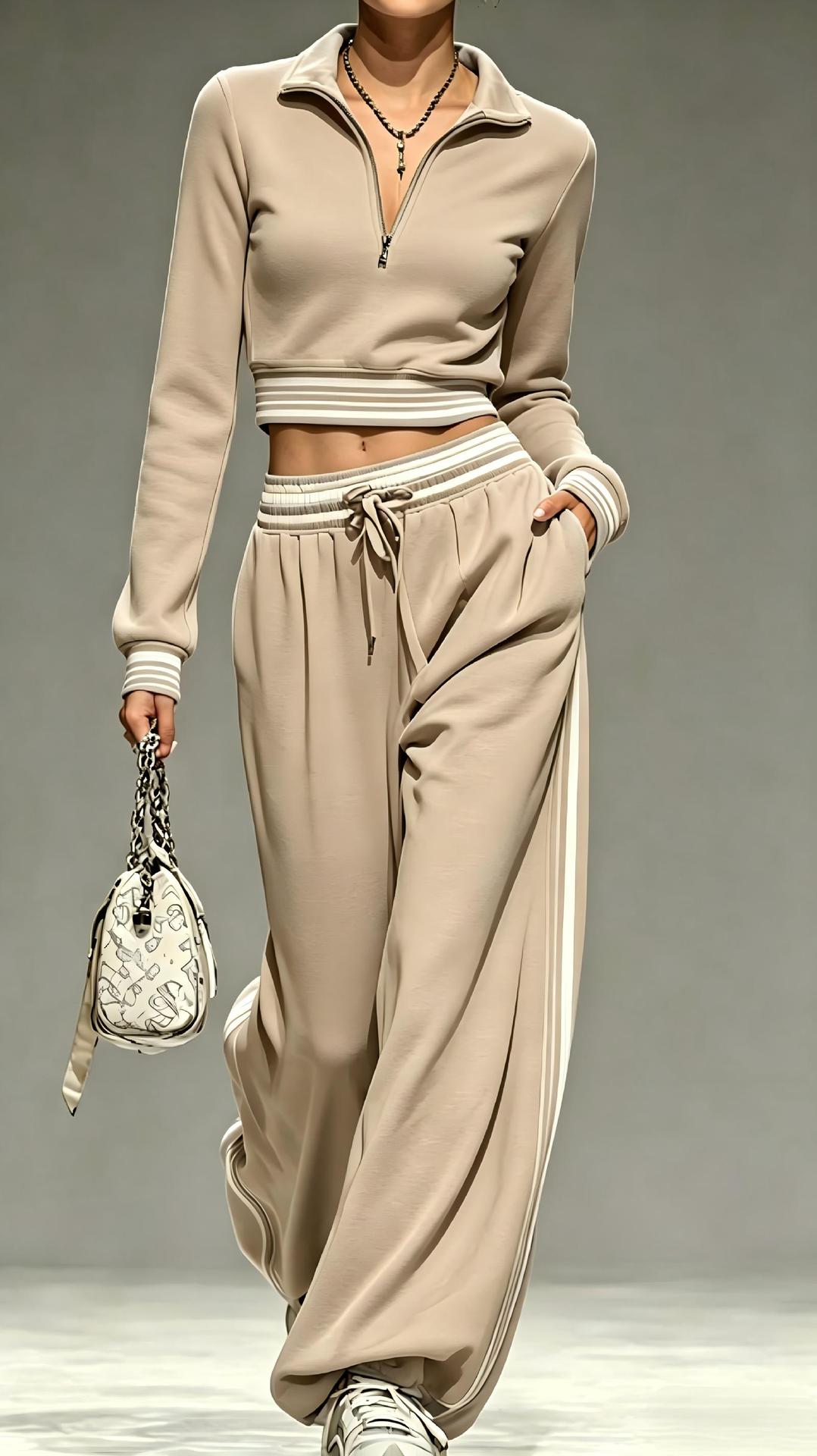 2‑Piece Half‑Zip Cropped Tracksuit Set | Striped Rib Trim Pullover & Drawstring Wide Leg Sweatpants Sporty Outfit