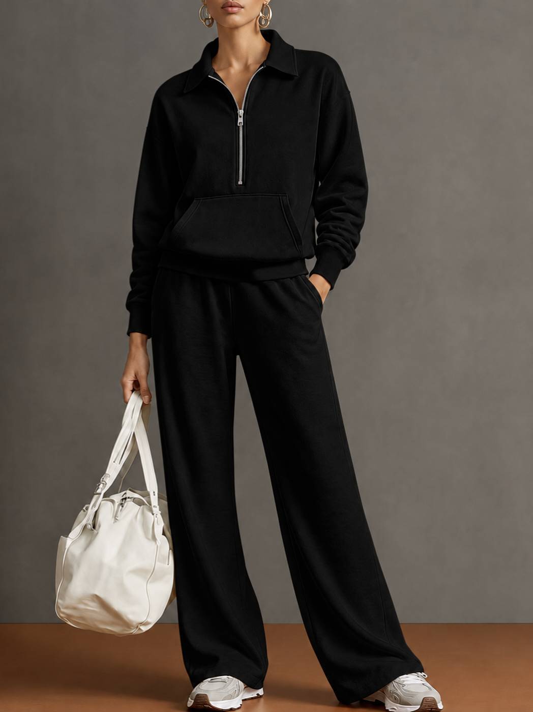 Polo Collar Half‑Zip Sweatshirt with Kangaroo Pocket & Drawstring Wide‑Leg Two‑Piece Loungewear Set