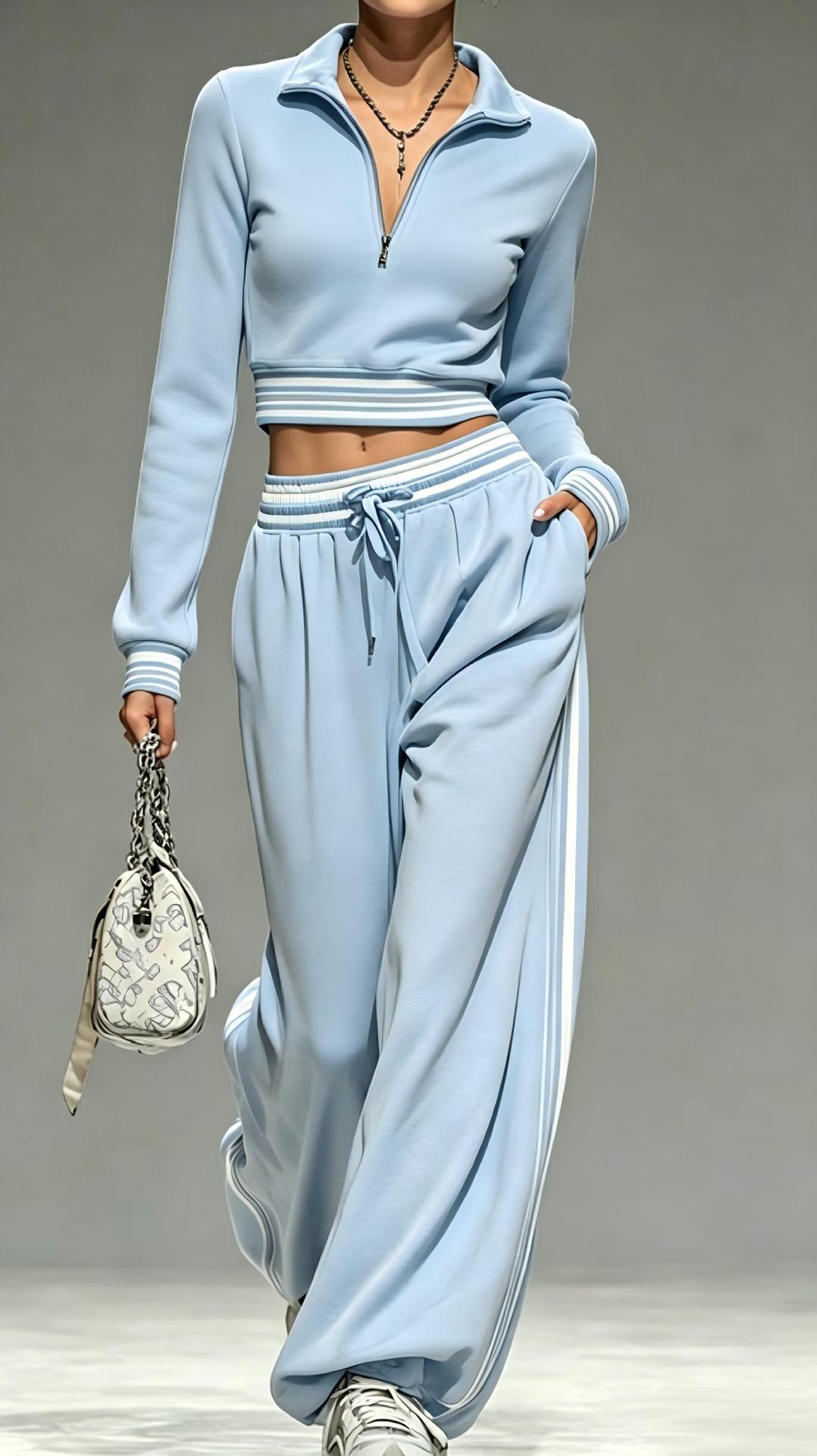 2‑Piece Half‑Zip Cropped Tracksuit Set | Striped Rib Trim Pullover & Drawstring Wide Leg Sweatpants Sporty Outfit