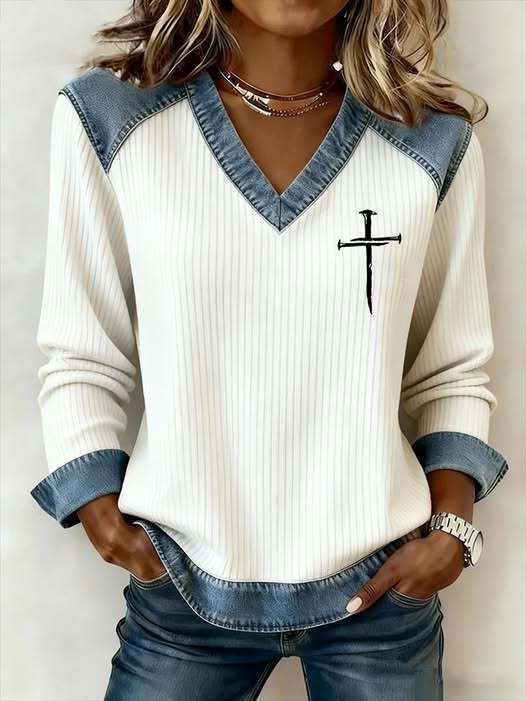 [Copy]Denim Trim Ribbed Knit Top