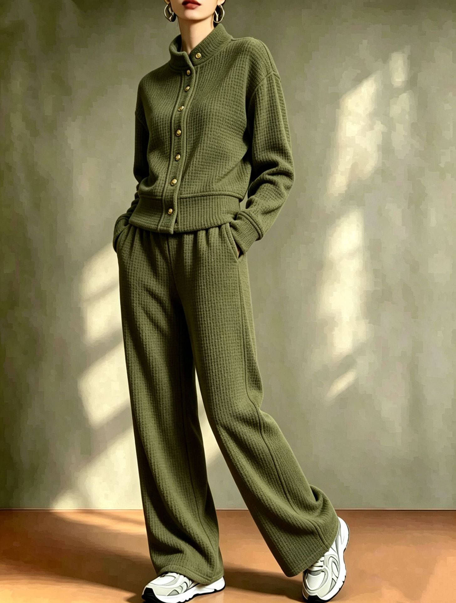2‑Piece Waffle Knit Co‑Ord Set | Stand‑Collar Button Cardigan Top & Wide‑Leg Pants Casual Loungewear Outfit