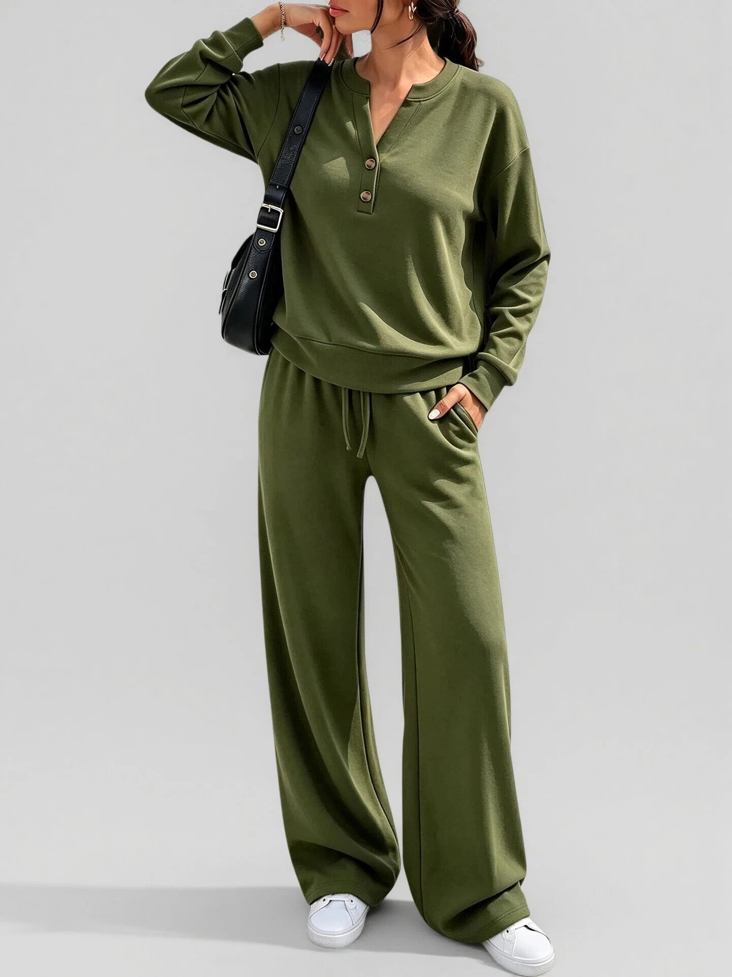 Henley Button‑Notch Sweatshirt & Drawstring Wide‑Leg Two‑Piece Loungewear Set
