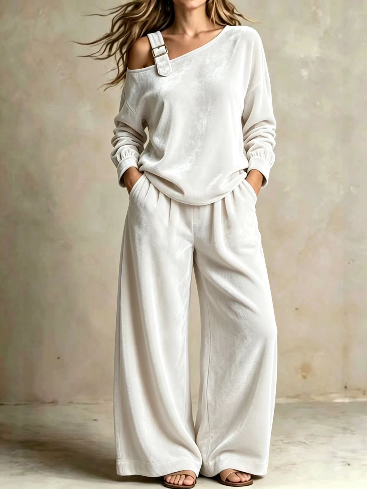 Buckle‑Strap Cold‑Shoulder Velour Two‑Piece Loungewear Set